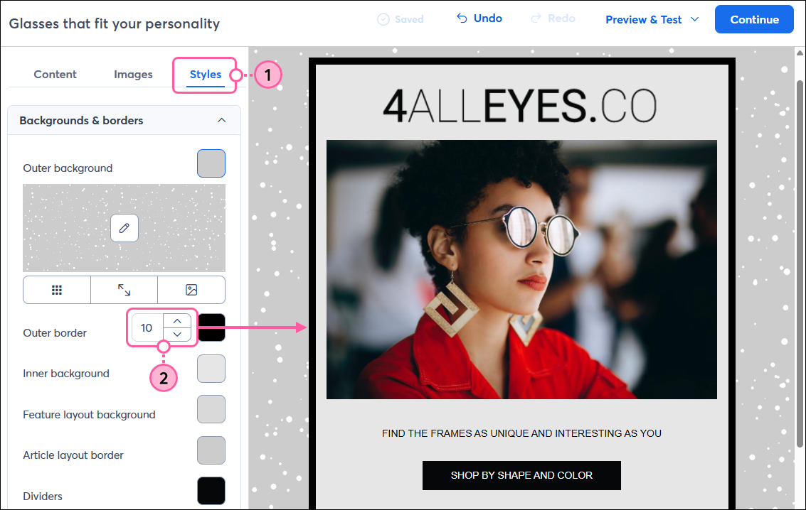 Email editor with Styles tab selected, Backgrounds and Borders section, and Outer Border options with thickness controls