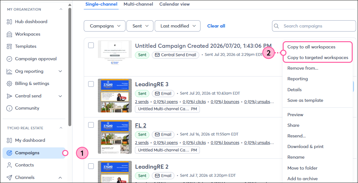 Campaigns page with campaign menu expanded and copy to all workspaces and Copy to targeted workspaces options called out