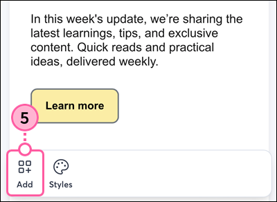 Mobile web email editor with Add icon in bottom menu
