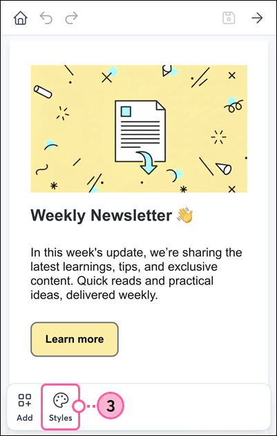 Mobile web email editor with Styles icon in bottom menu