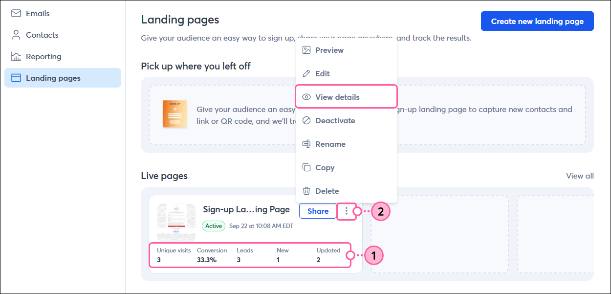 Landing Pages page, Live page with reporting stats, More drop-down expanded, and View Details option selected