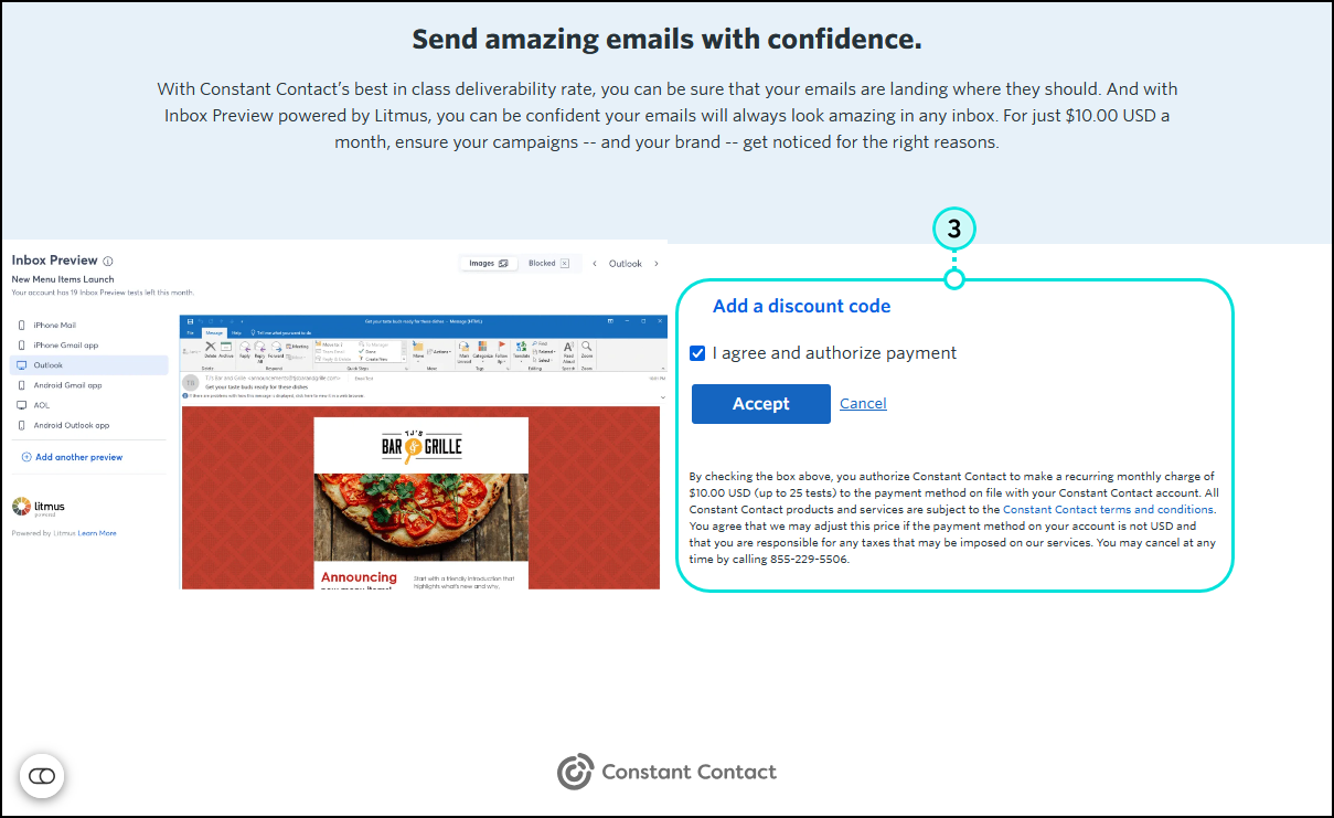 Inbox Preview payment screen with "I agree and authorize payment" option selected, Accept button, and terms and conditions statement