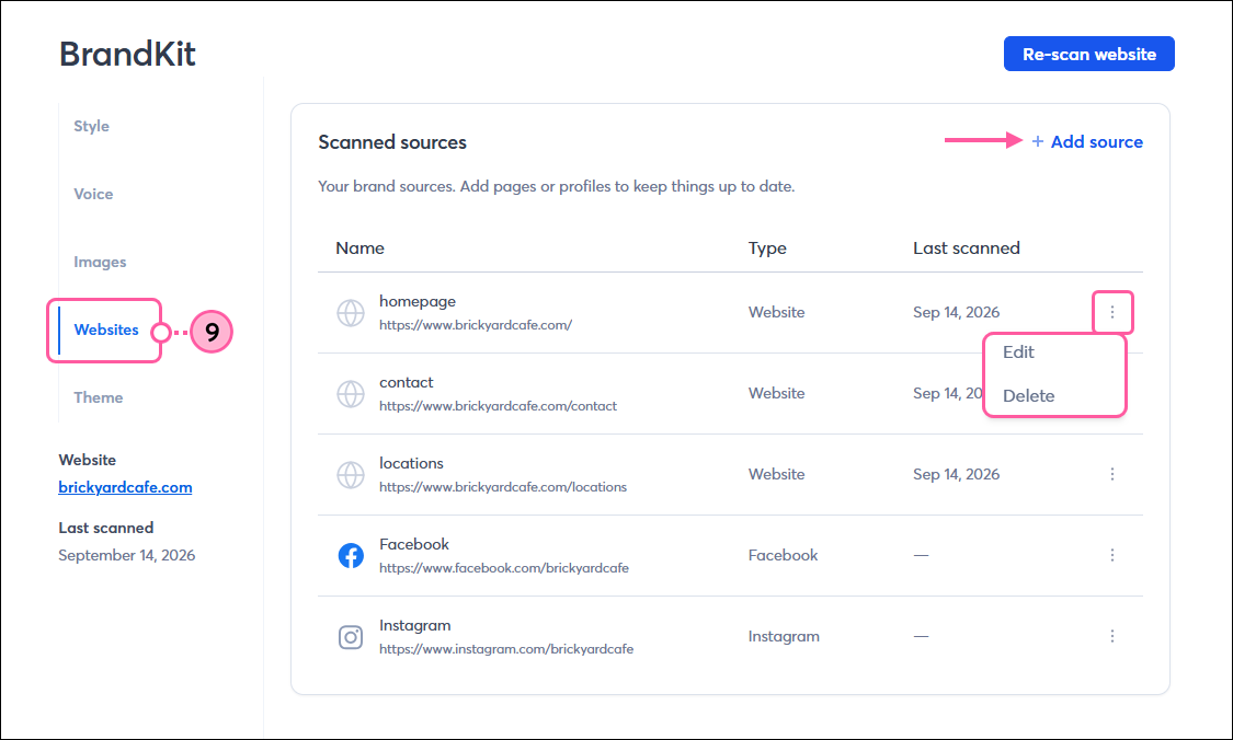 BrandKit Websites tab with list of website links, Add Source link, and More drop-down with Edit and Delete options