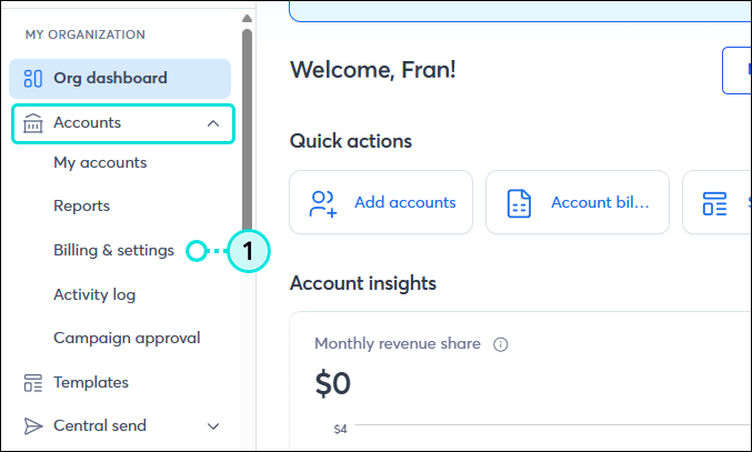 Partner customer left navigation Accounts menu Billing and Settings option