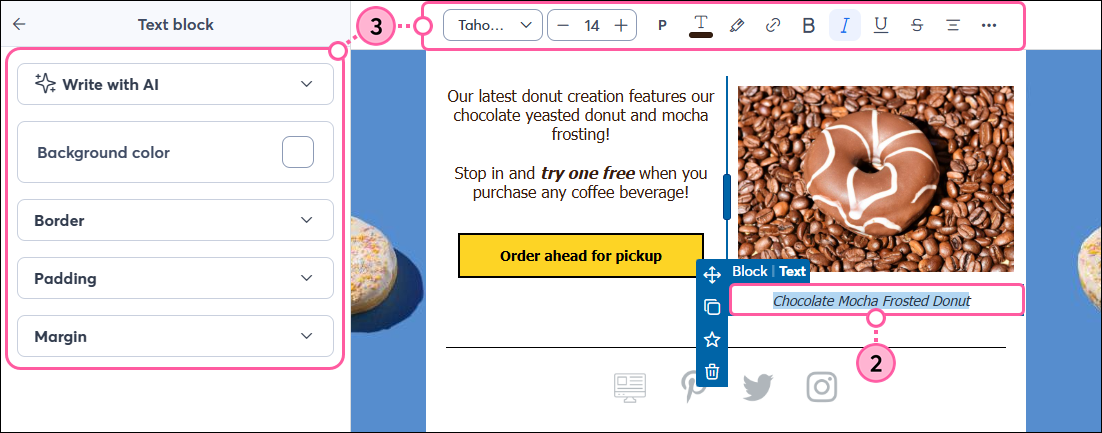 Image caption text under an image with Text toolbar