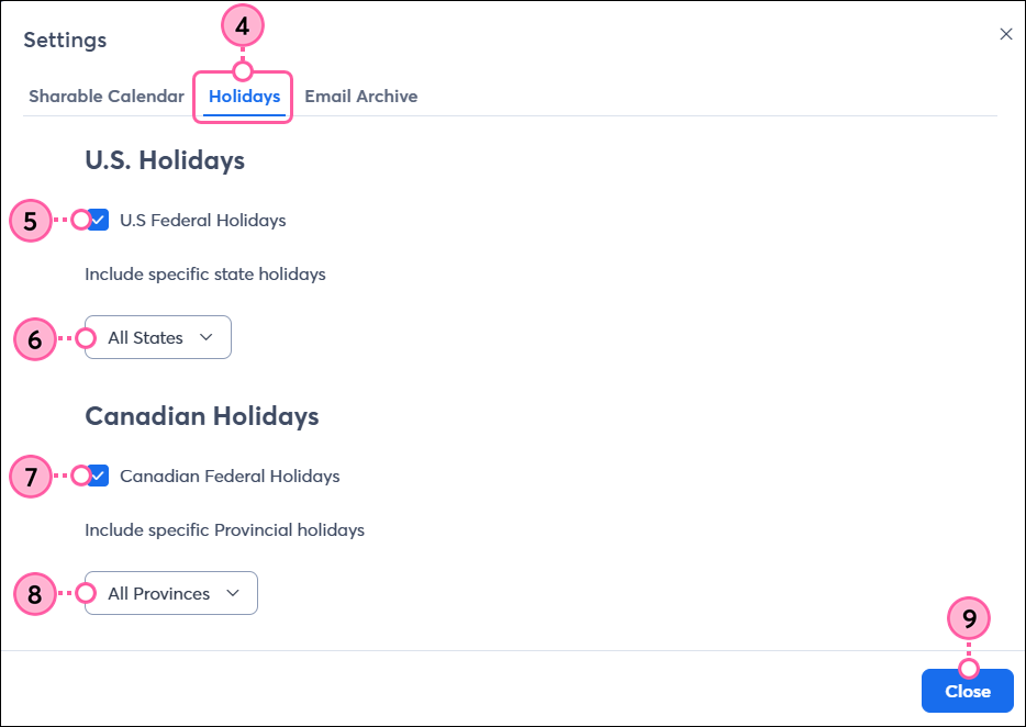 Configuración del calendario, pestaña Días festivos, casilla de verificación de los días festivos federales de EE. UU., menú desplegable de los estados, casilla de verificación de los días festivos federales de Canadá, menú desplegable de las provincias y botón de cierre