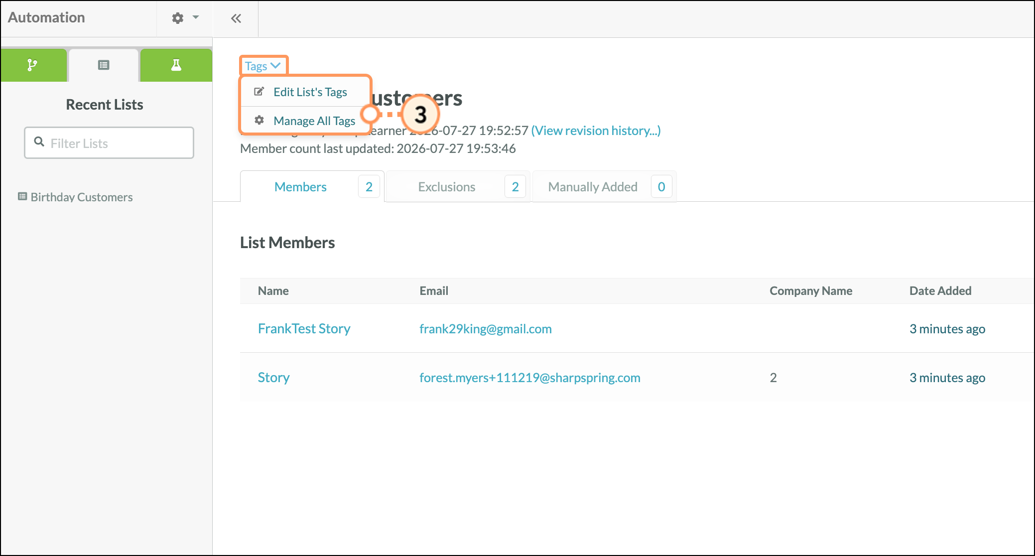 Tag options in expanded Tags menu in Lists