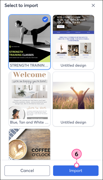 Canva design selected and Import button
