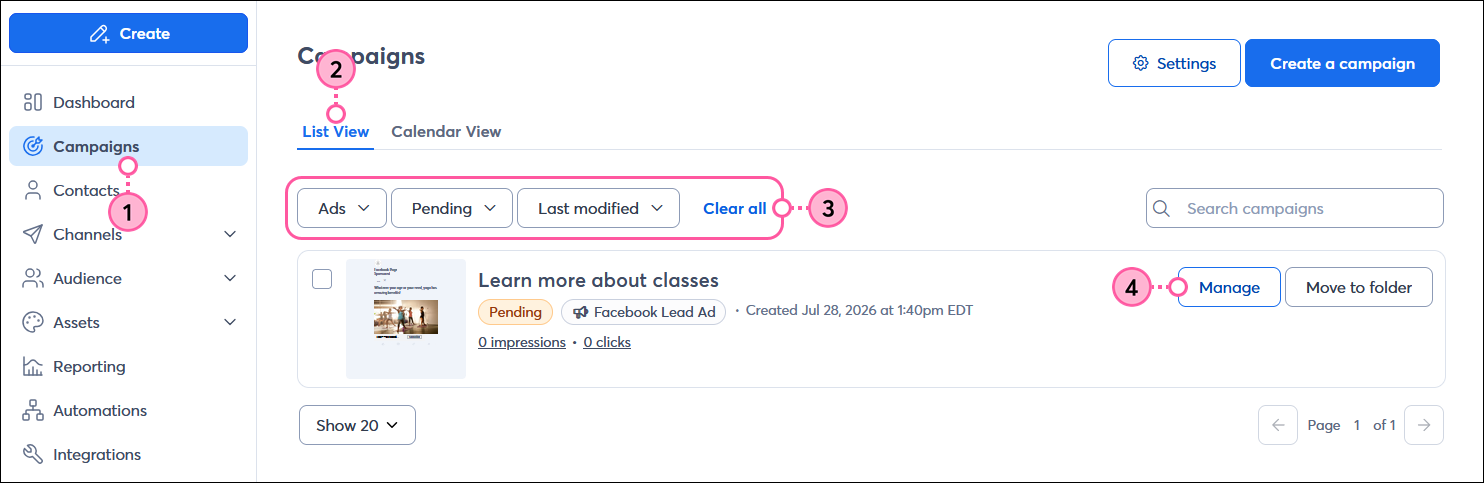 Left-hand menu with Campaigns option selected, List view tab selected, Campaign type drop-down menu with Ads option selected, Status menu with Pending option selected, and Sort By drop-down menu with Last modified option selected, and pending ad with Manage button