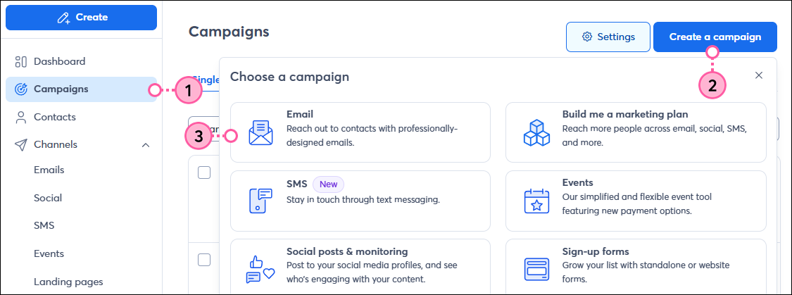 Campaigns left nav option Create a campaign button Email option