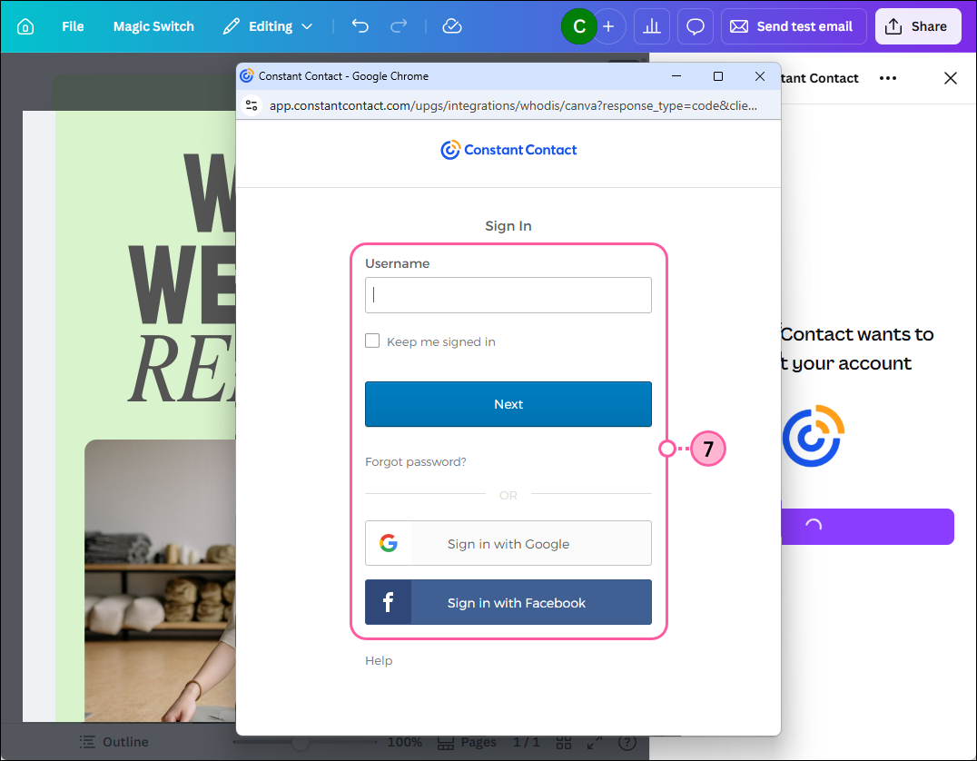 Constant Contact login screen