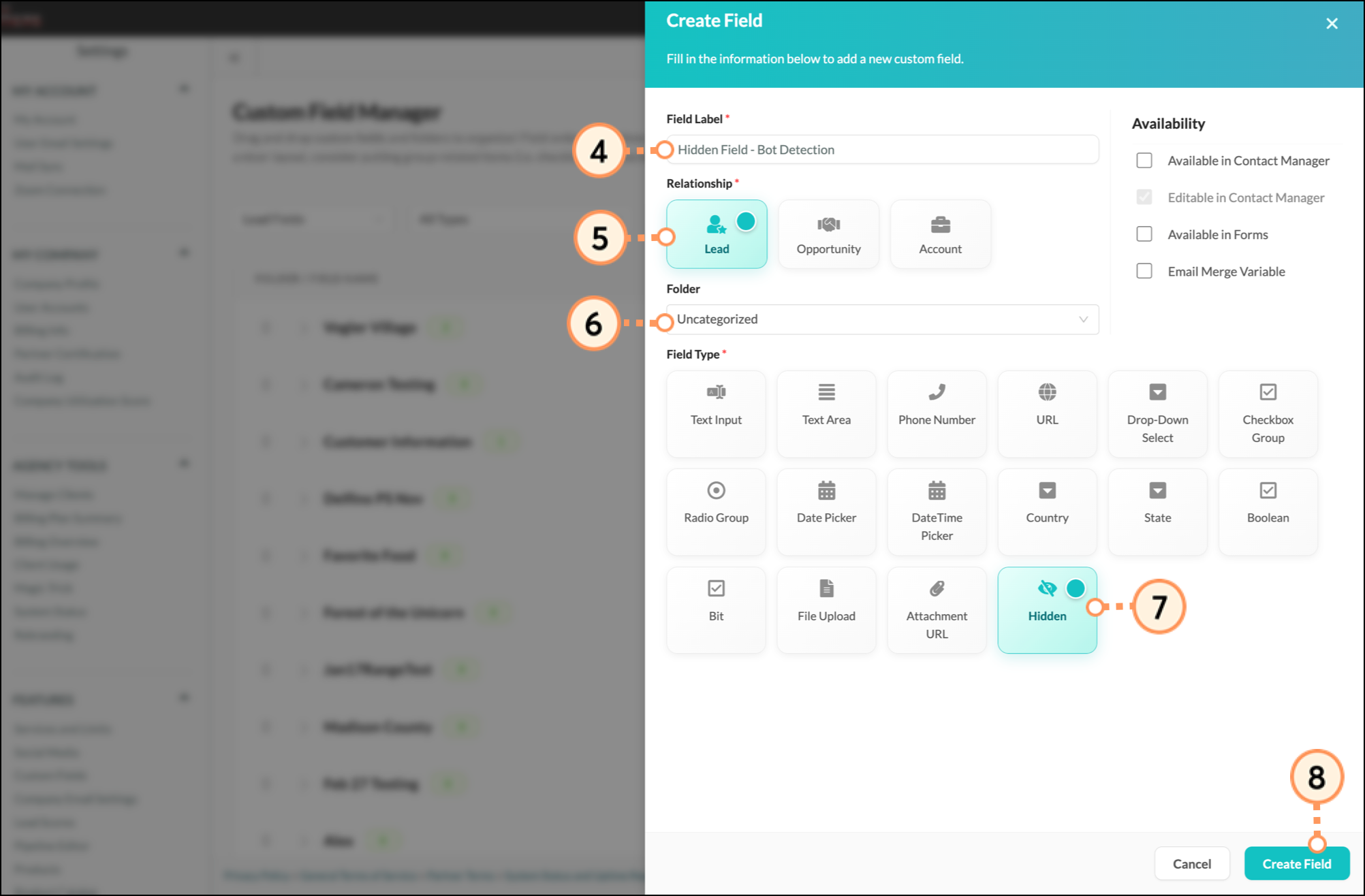 Create Field widget for creating a Hidden field