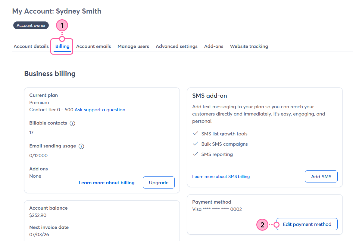 My account page with Billing tab selected, Payment Method section, and Edit Payment Method button
