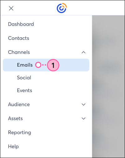 Constant Contact on mobile browser, menu expanded with Emails option selected