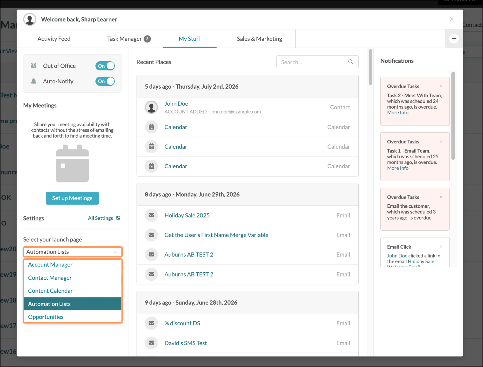 Login default launch page expanded dropdown menu