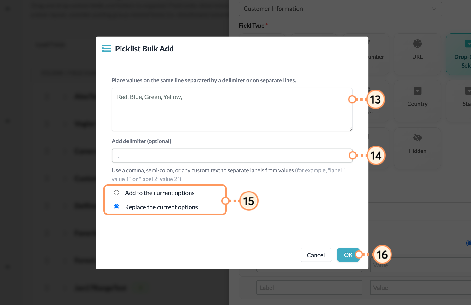 Textbox for values above optional delimiter field above Add to or Replace current option radio buttons and a blue OK button