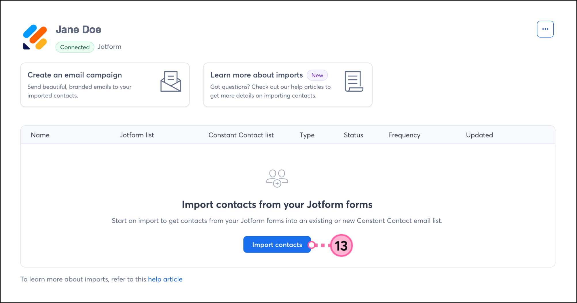 Blue Import Contact button on connected Jotforms integration