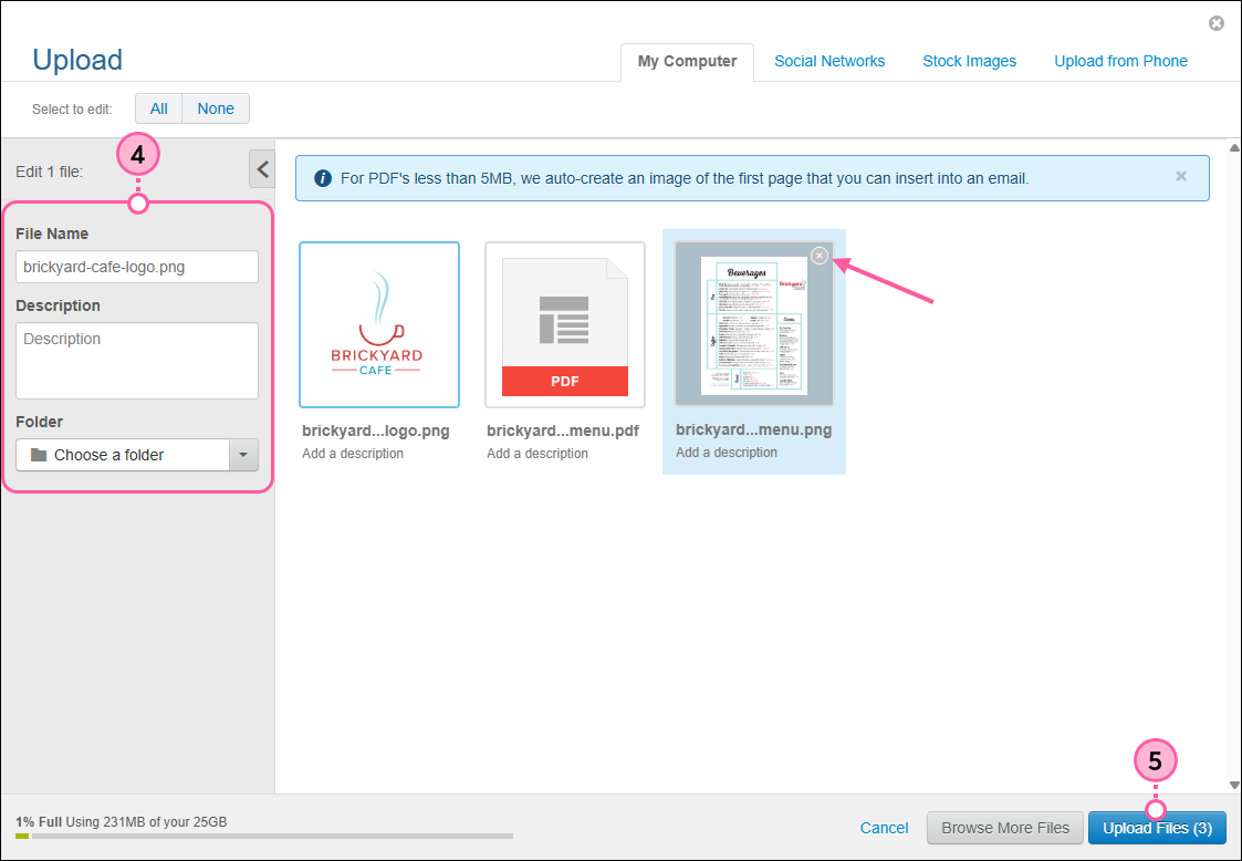 Imagen seleccionada, detalles del archivo, miniatura de la imagen PDF con una X para eliminar y botón Cargar archivos.