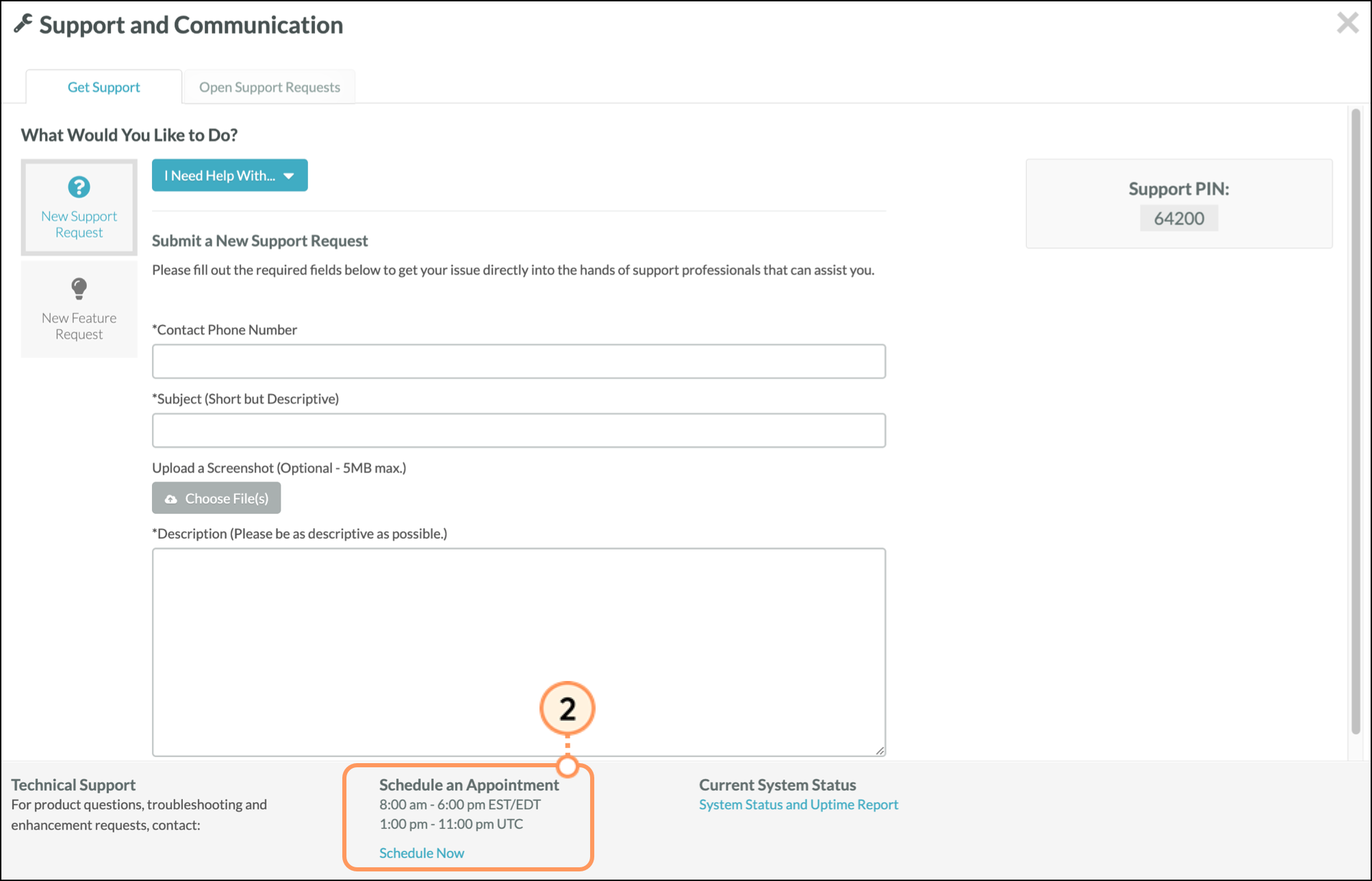 Support and communication popup with highlighted Schedule Now button