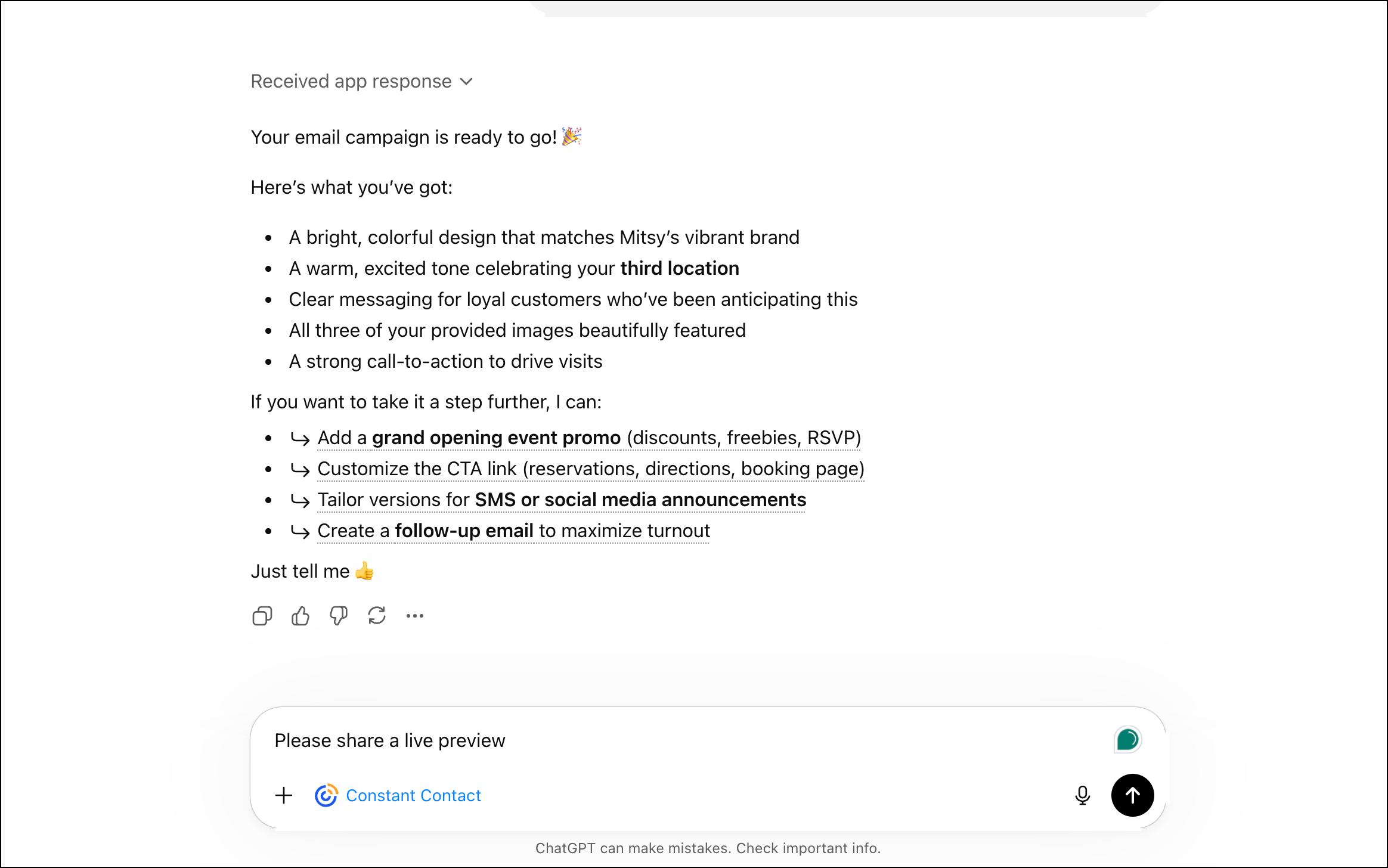 Prompt results with prepared email and Live Preview follow up request