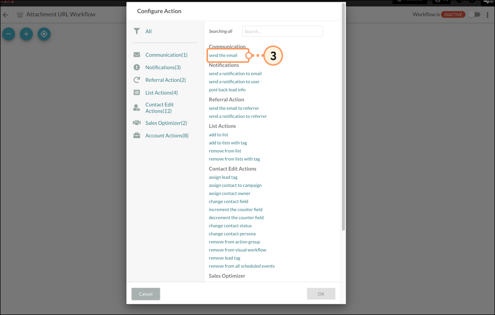 Send the email selection in the Action popup menu