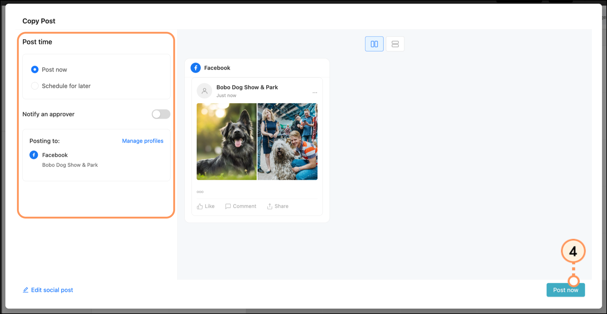 Post and schedule options above blue Schedule button