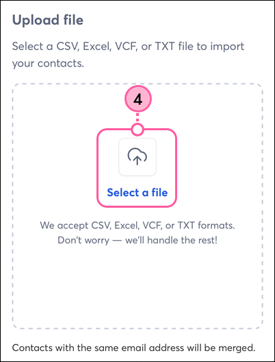 Constant Contact on mobile web browser, Upload from File screen, and Select a File link