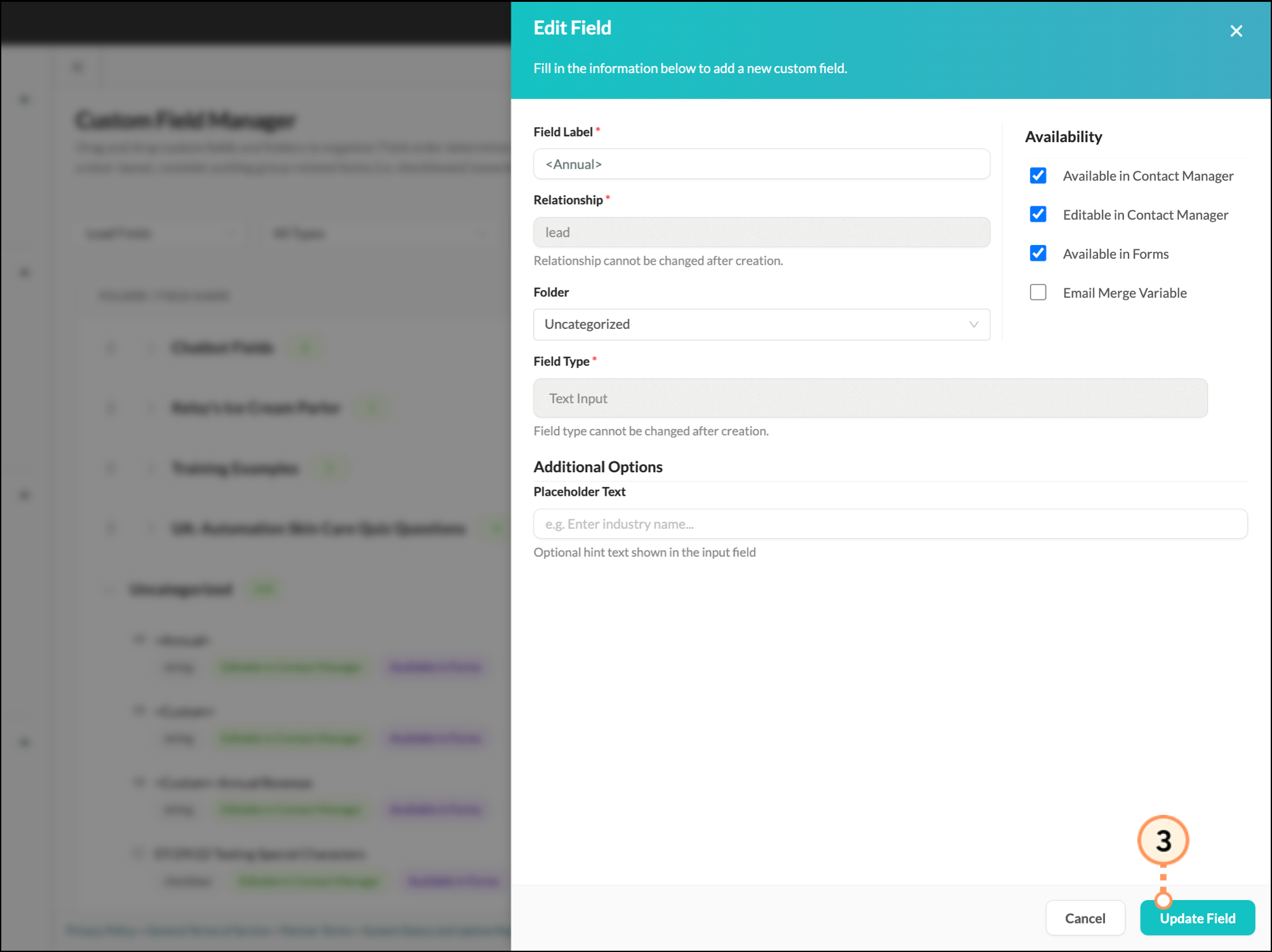 Blue Update Field button