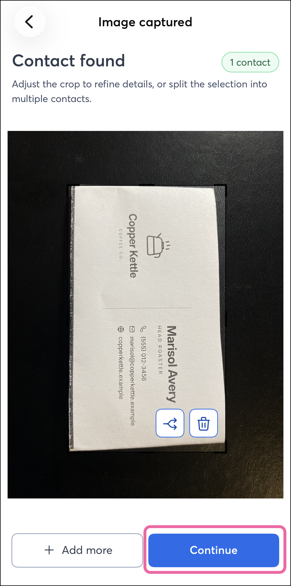 Photo of business card and Add More and Continue buttons
