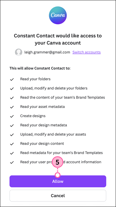 Connect Canva to Constant Contact with Allow button