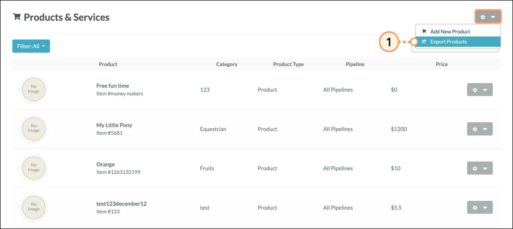Click Options then Export Products