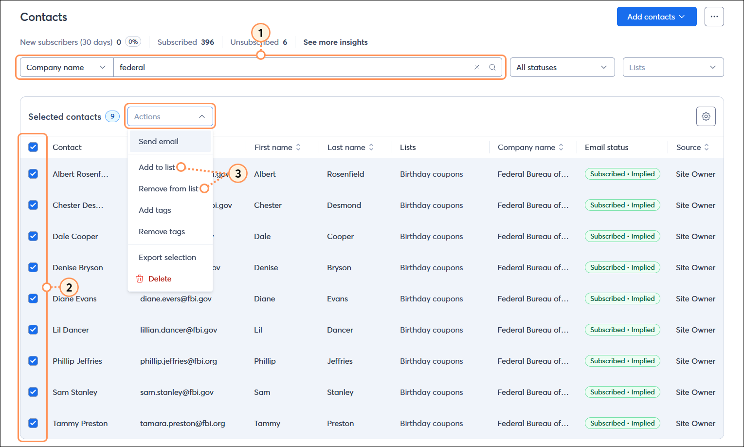 Contacts page with Search field and search results, multiple contacts selected, and Actions drop-down menu expanded with Add to list and Remove from lists options