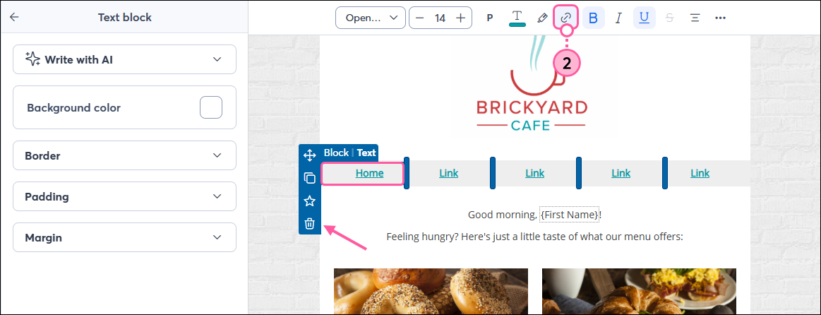 Text Toolbar with Highlighted Link Button and Trash Can icon