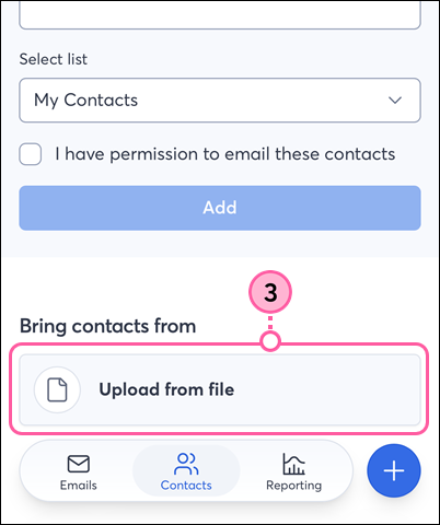 Constant Contact on mobile web browser, Add Contacts page, and Upload from file button
