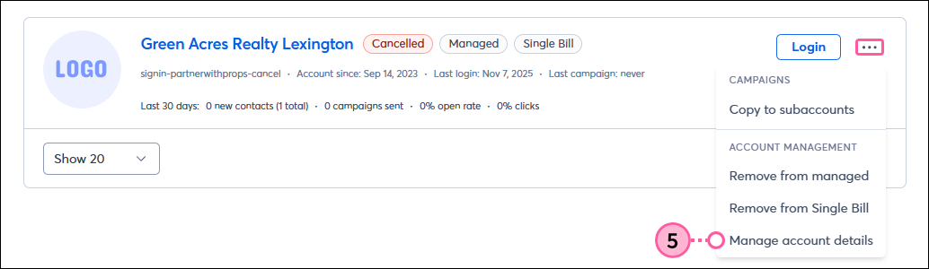 Dropdown menu Manage account details option