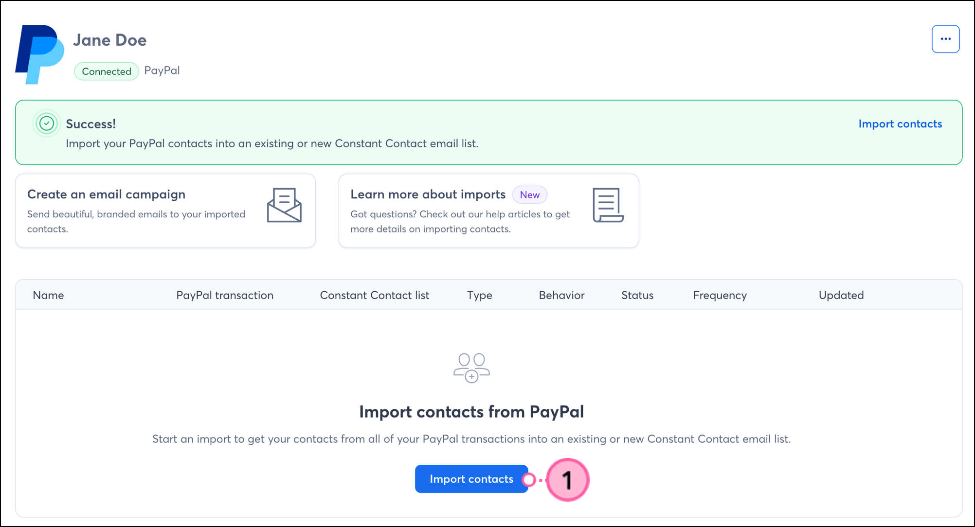 Import contacts button at the bottom of the connected PayPal integration page