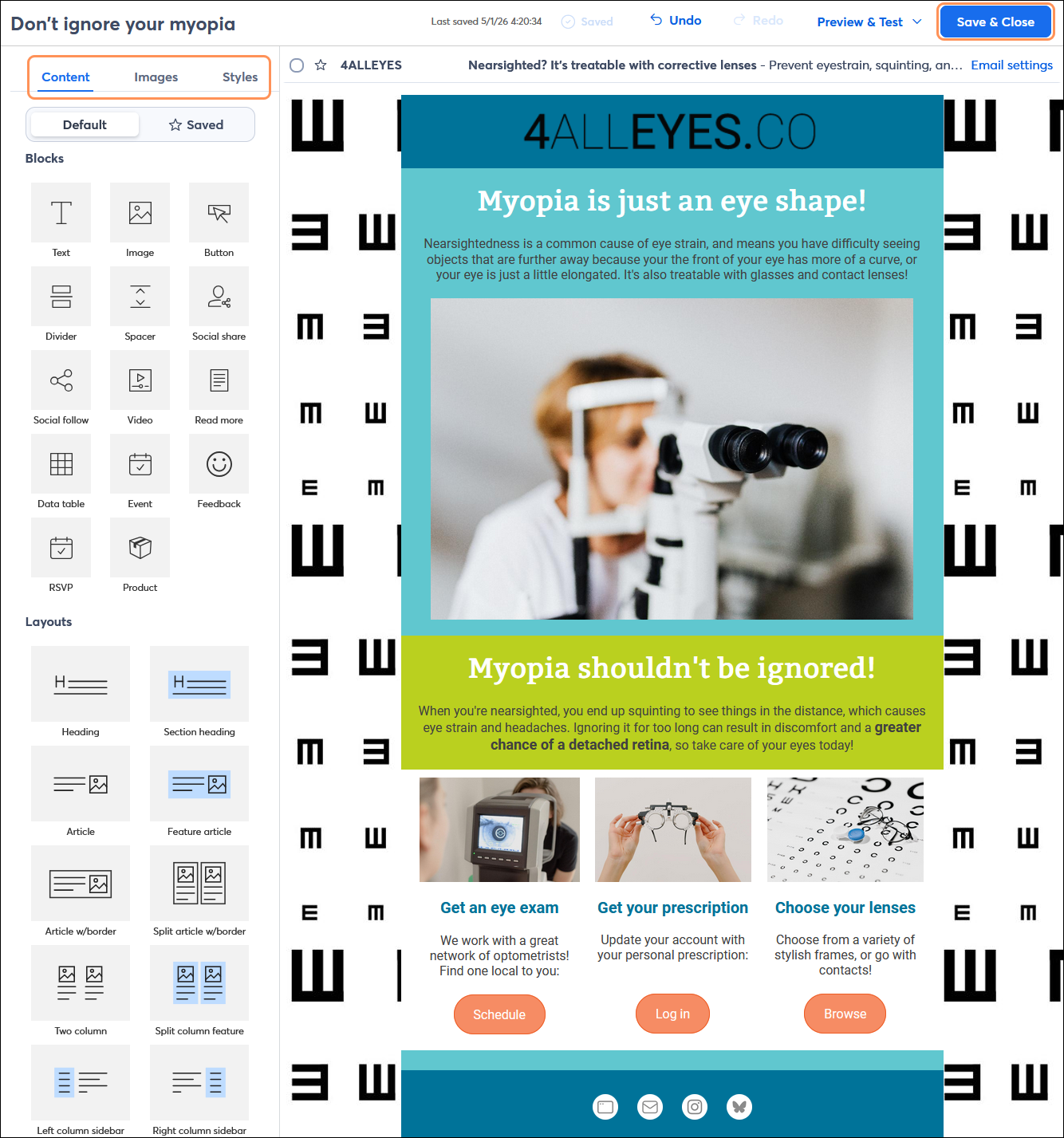 Email editor with Content tab selected, and Images tab and Styles tab visible, and Save & Close button