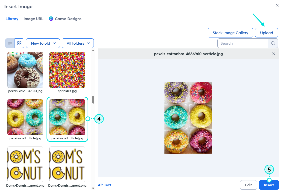 Insert Image overlay, Library tab selected, background image selected, and Insert button