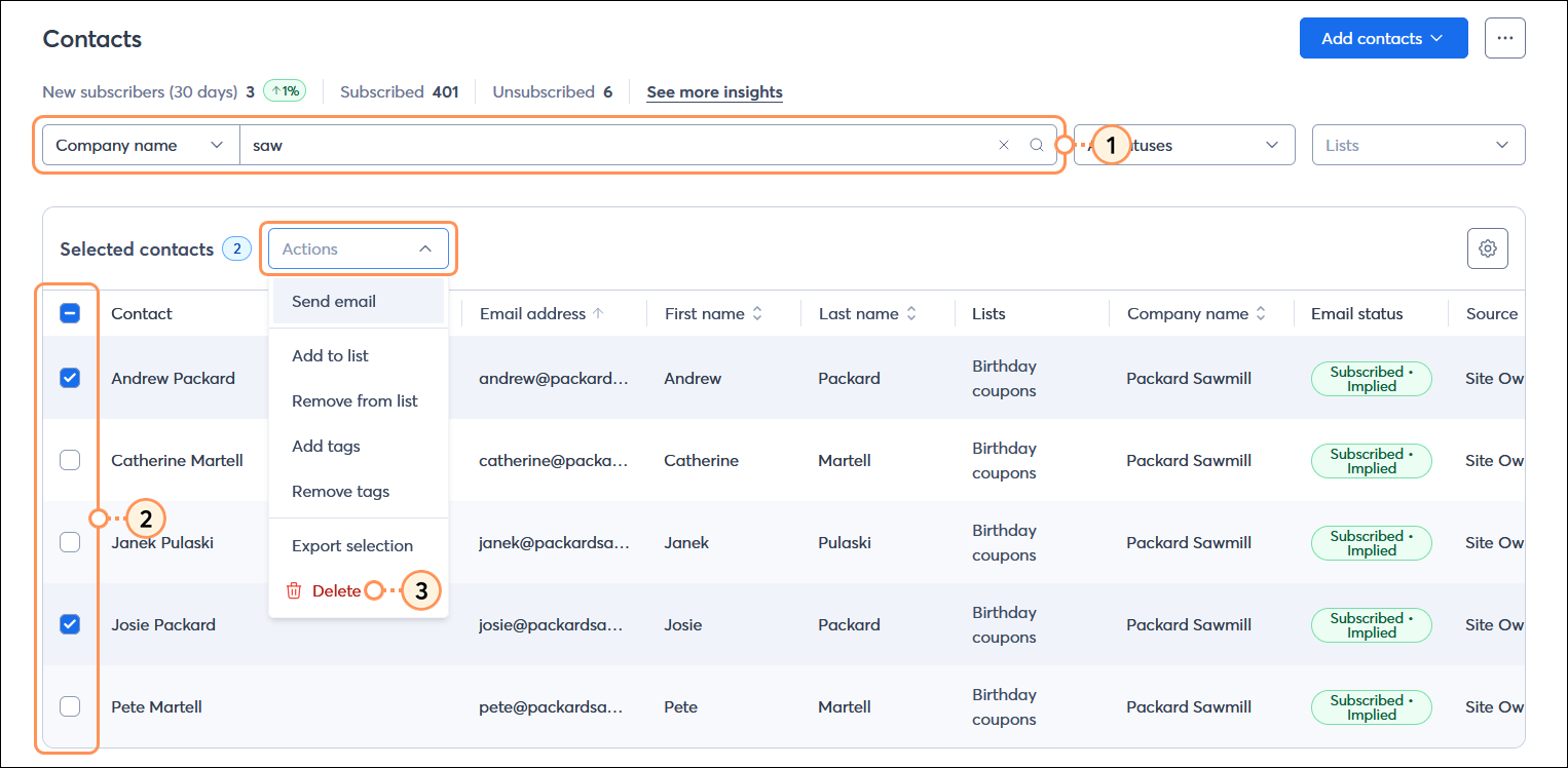 Contacts page with Search field and All contacts table with search results, multiple contacts selected, and Actions drop-down menu expanded with Delete option selected