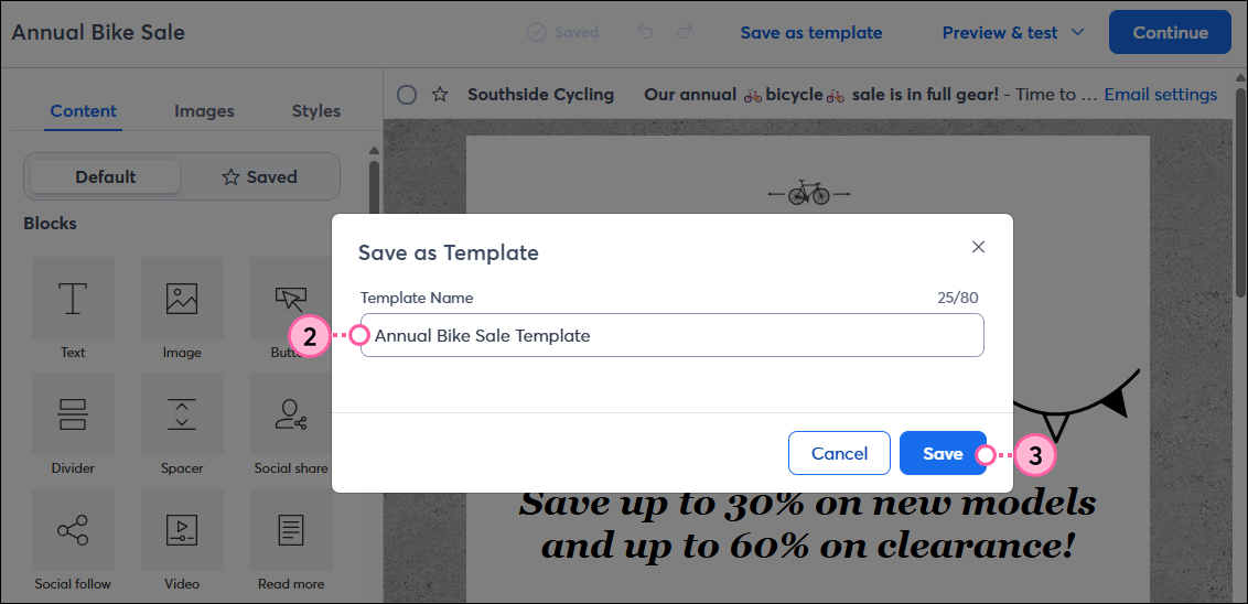Save as Template overlay with Template Name field and Save button