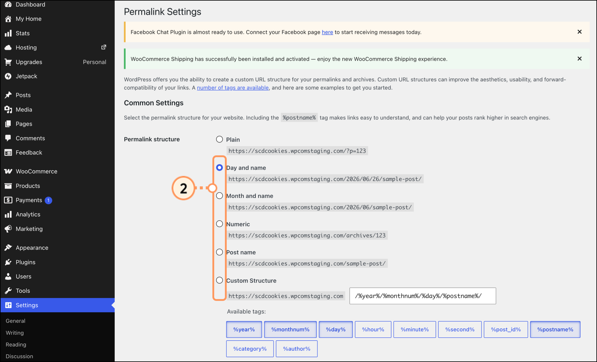 Row of permalink structure options in Permalink Settings