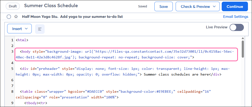 custom code editor with background image code added to the html