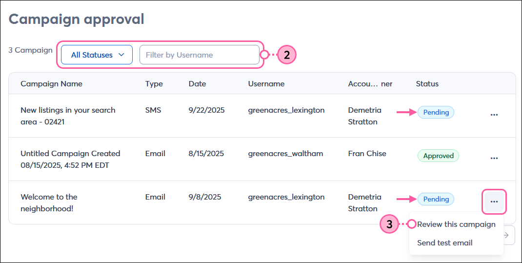 Campaign approval page with pending email menu expanded and Review this campaign option selected