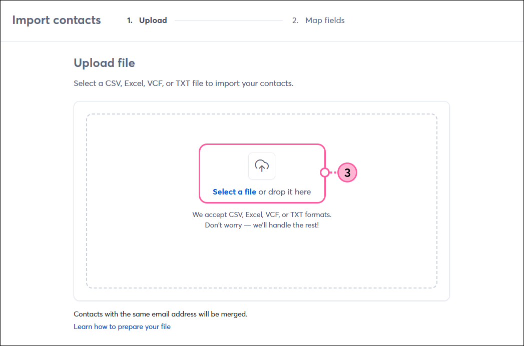 Import Contacts page, Upload File window, and Select a File option