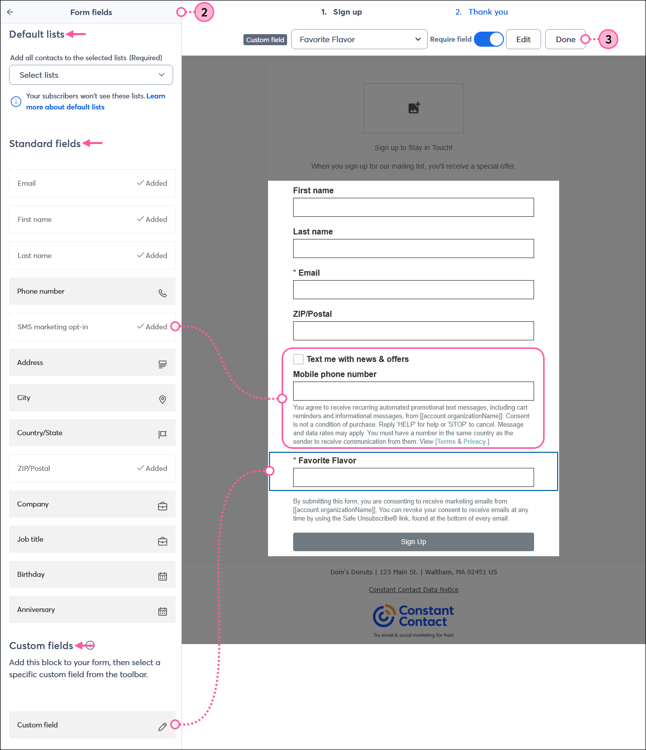 Sign-up Landing Page Form fields menu expaneded with Default list drop-down menu, Standard fields options with SMS marketing opt-in option in the form, and Custom fields section with custom field in the form