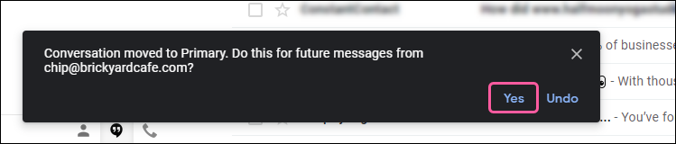 Conversation moved to Primary tab confirmation message