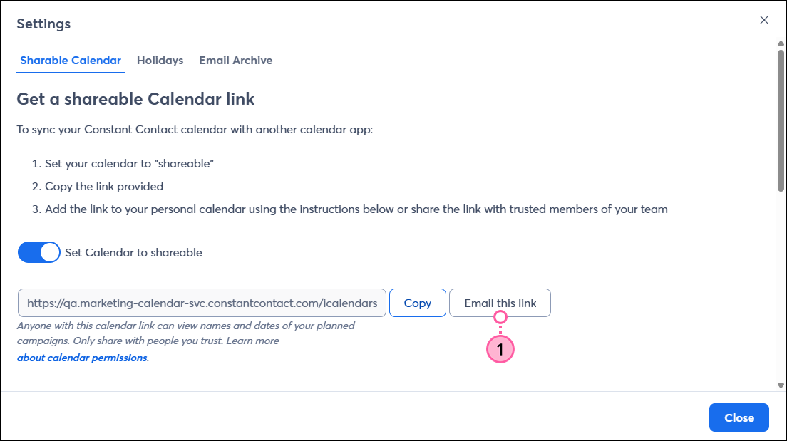 Calendar Settings overlay with Set Calendar to shareable toggle on, and Email this link button