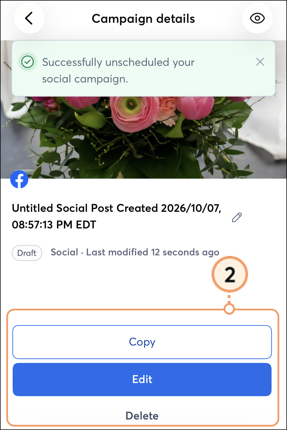 Copy, Edit, and Delete buttons underneath social post details