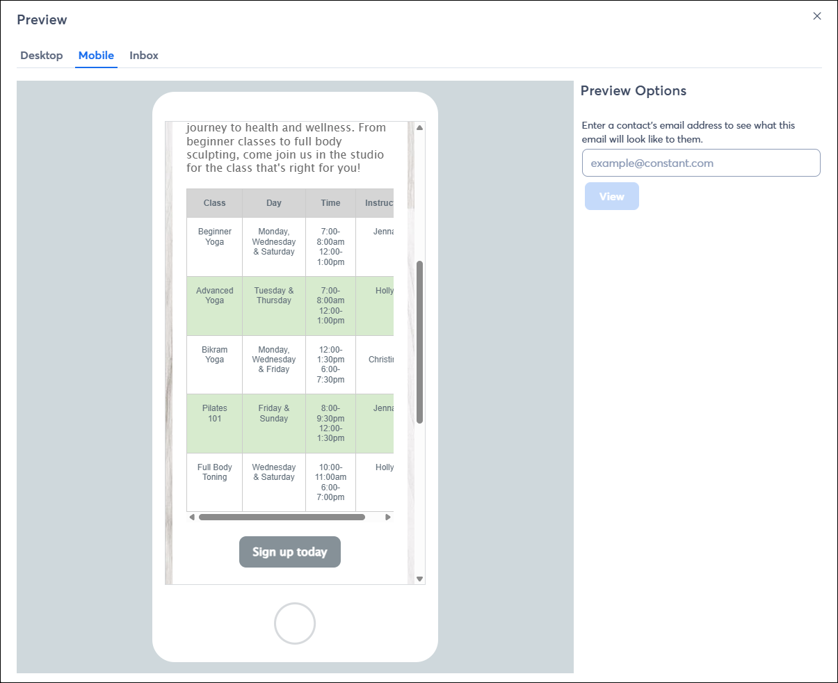 Mobile preview of email with table