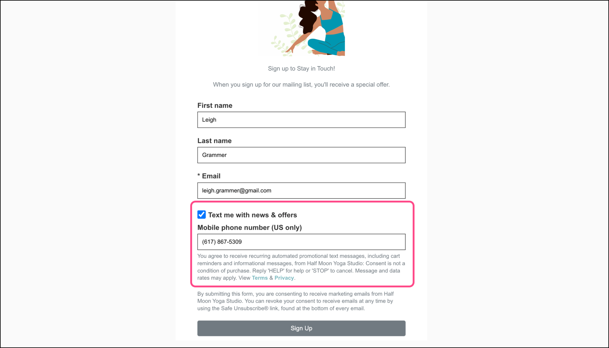 Sign up landing page with SMS opt in checkbox